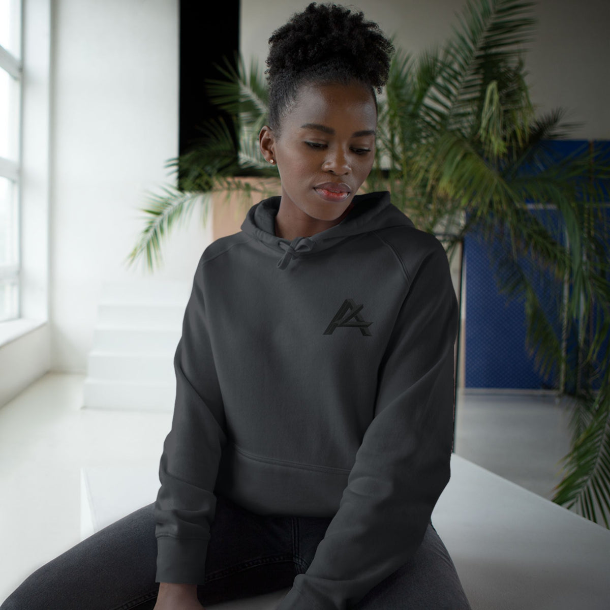 Patch Logo Hoodie — Minimalist White Pullover with Chest Emblem & Back 'PATCH' Text