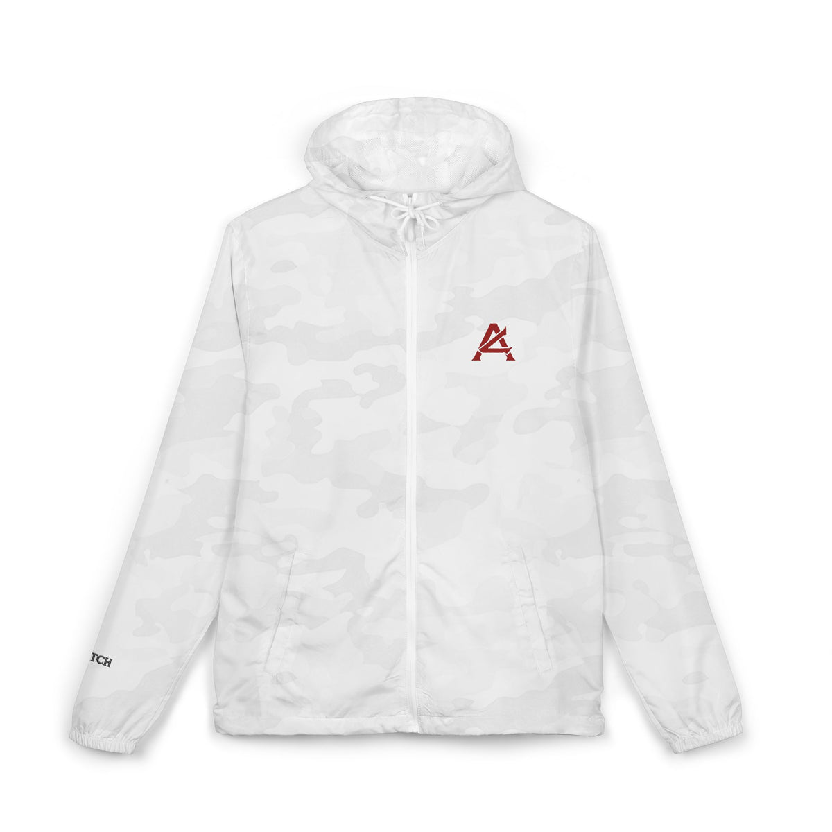 Windbreaker Jacket — White Camo Minimal Logo Windbreaker with 'ATCH' Accent