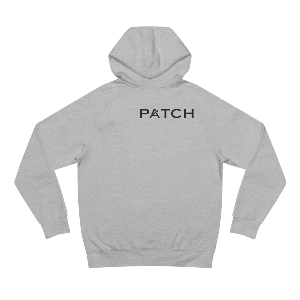Patch Logo Hoodie — Minimalist White Pullover with Chest Emblem & Back 'PATCH' Text