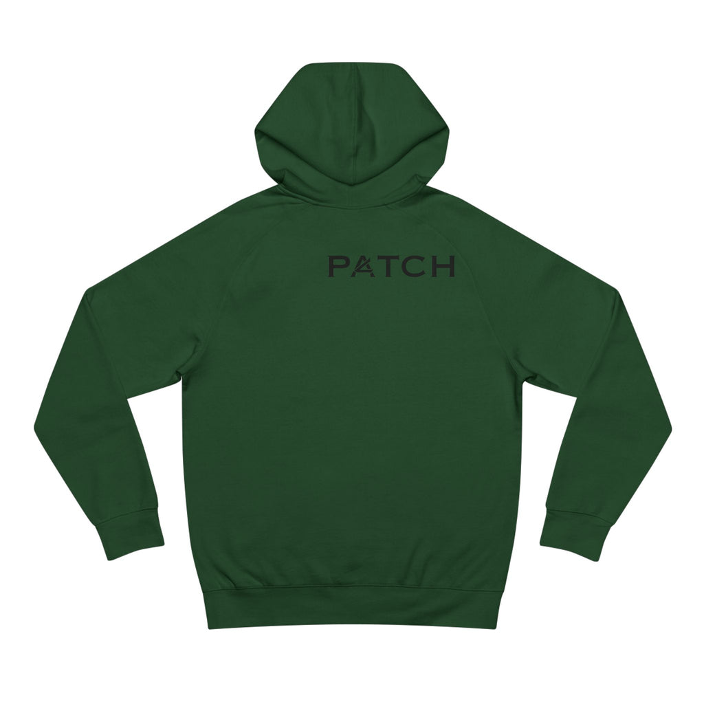 Patch Logo Hoodie — Minimalist White Pullover with Chest Emblem & Back 'PATCH' Text