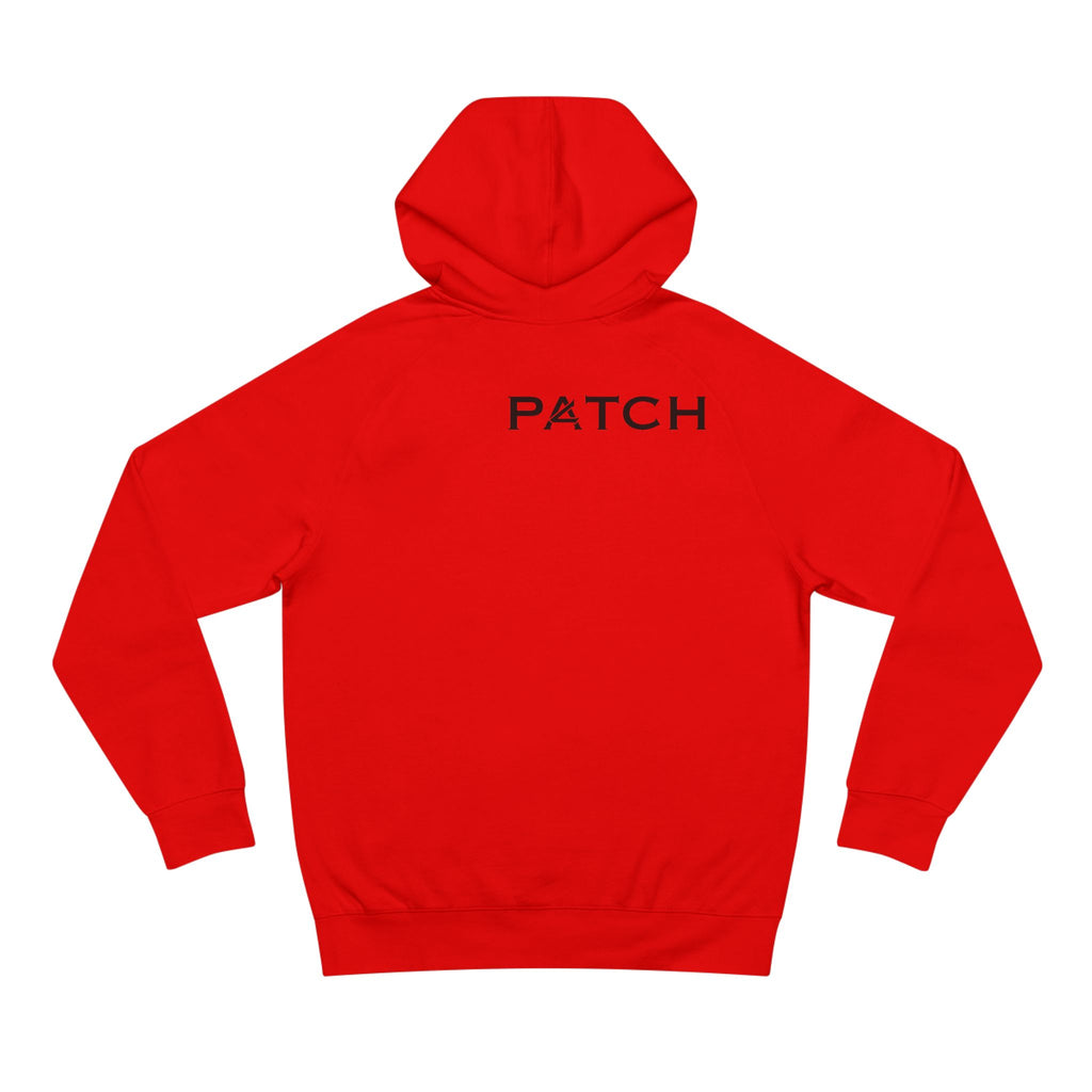 Patch Logo Hoodie — Minimalist White Pullover with Chest Emblem & Back 'PATCH' Text