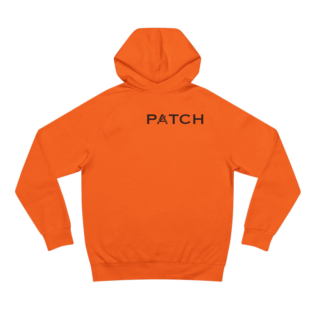 Patch Logo Hoodie — Minimalist White Pullover with Chest Emblem & Back 'PATCH' Text